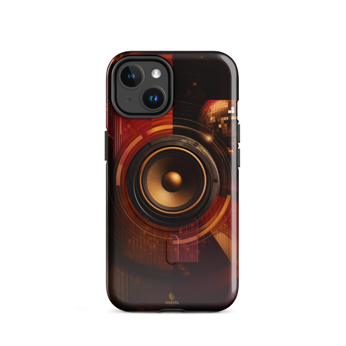 The Bassline iPhone Case, gold speaker cone split across red and black. Haezel Tech Rhythm Series, view 2