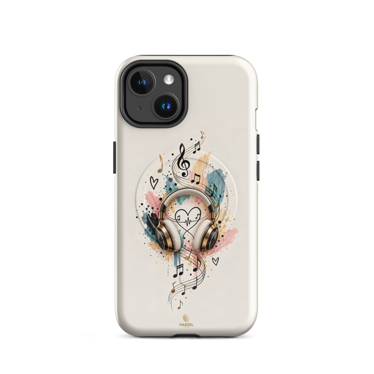 The Serenade Ivory iPhone Case, gold headphones and heartbeat in watercolour on ivory. Haezel Tech Rhythm Series, view 2