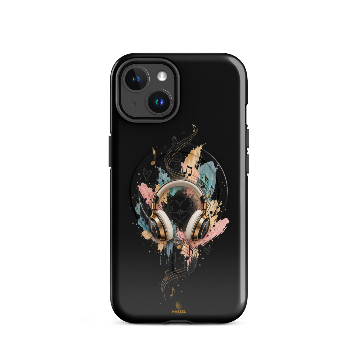 The Serenade Onyx iPhone Case, gold headphones and heartbeat in watercolour on black. Haezel Tech Rhythm Series, view 2