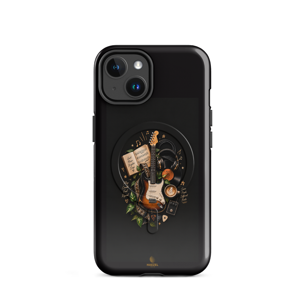 The Songbook iPhone Case, sunburst guitar and open songbook on black. Haezel Tech Rhythm Series, view 2