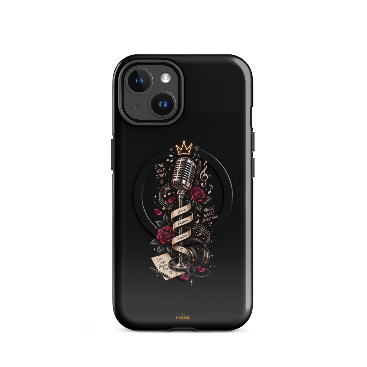 The Showstopper iPhone Case, crowned vintage microphone and red roses on black. Haezel Tech Rhythm Series, view 2