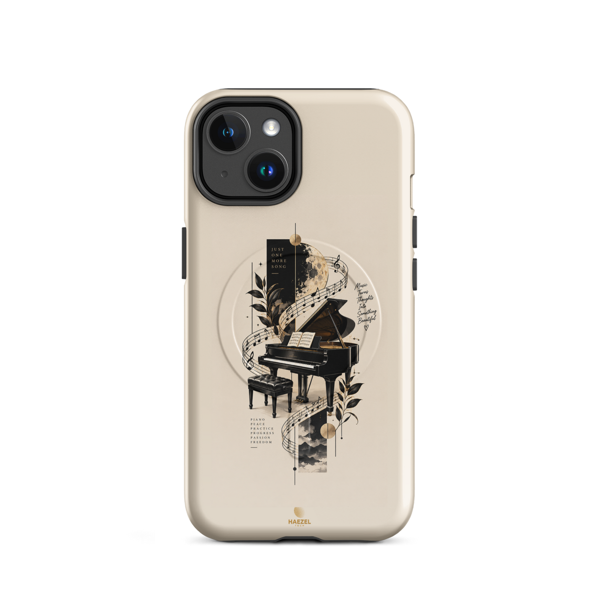 The Recital iPhone Case, grand piano and sheet music under a full moon on ivory. Haezel Tech Rhythm Series, view 2