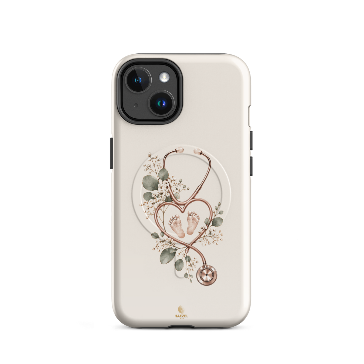 The Midwife Ivory iPhone Case, stethoscope heart with tiny baby feet on ivory. Haezel Tech Healer Series, view 2