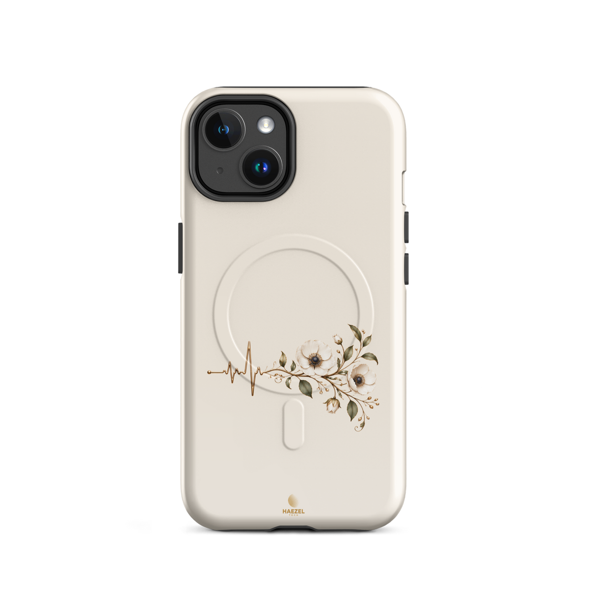 The Heartbeat iPhone Case, gold heartbeat line flowing into flowers on ivory. Haezel Tech Healer Series, view 2