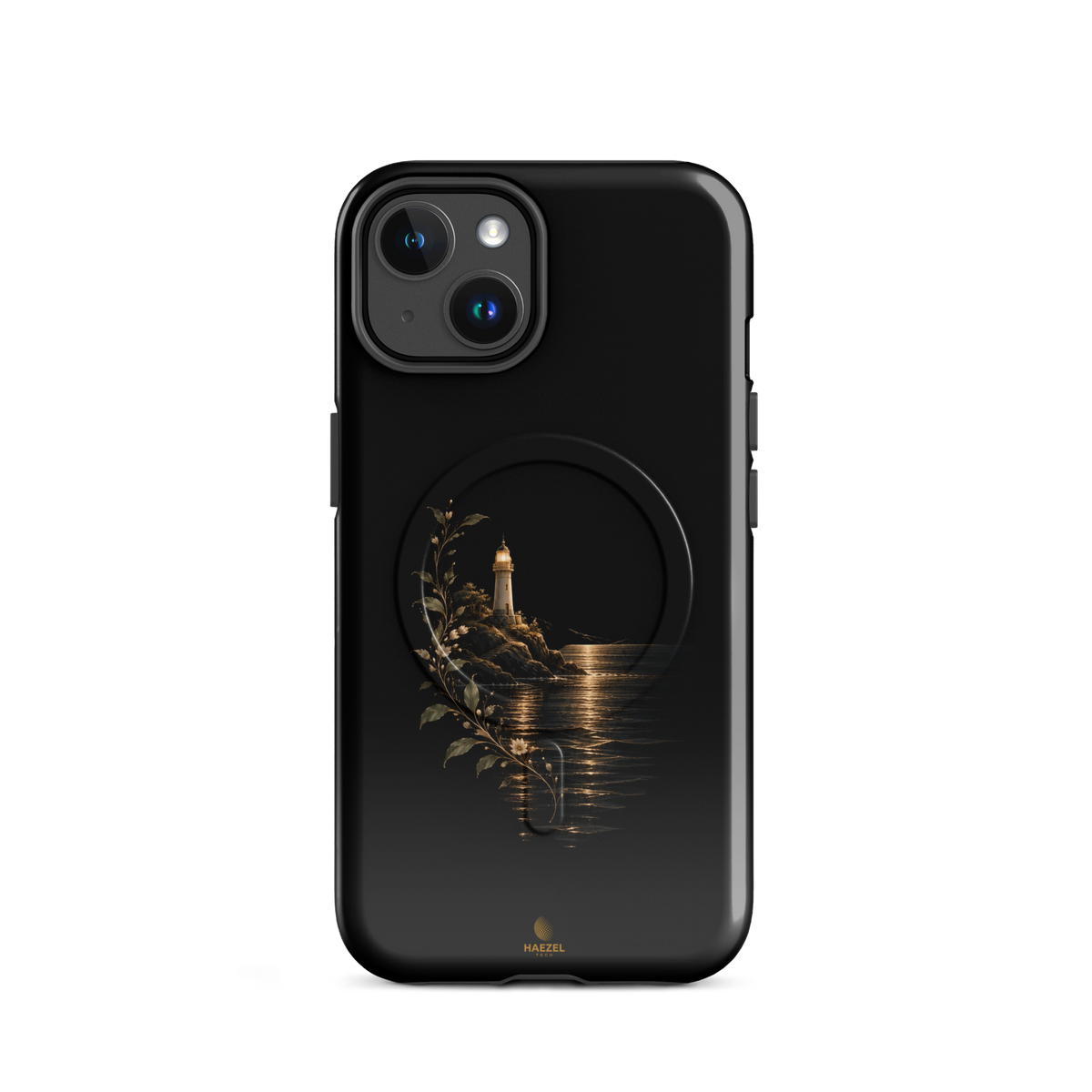 The Lighthouse iPhone Case, lighthouse glowing over still water with gold flowers on black. Haezel Tech Healer Series, view 2