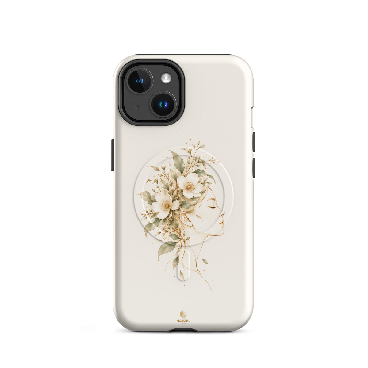 The Blooming Mind Ivory iPhone Case, woman's profile with flowers blooming from her mind on ivory. Haezel Tech Healer Series, view 2