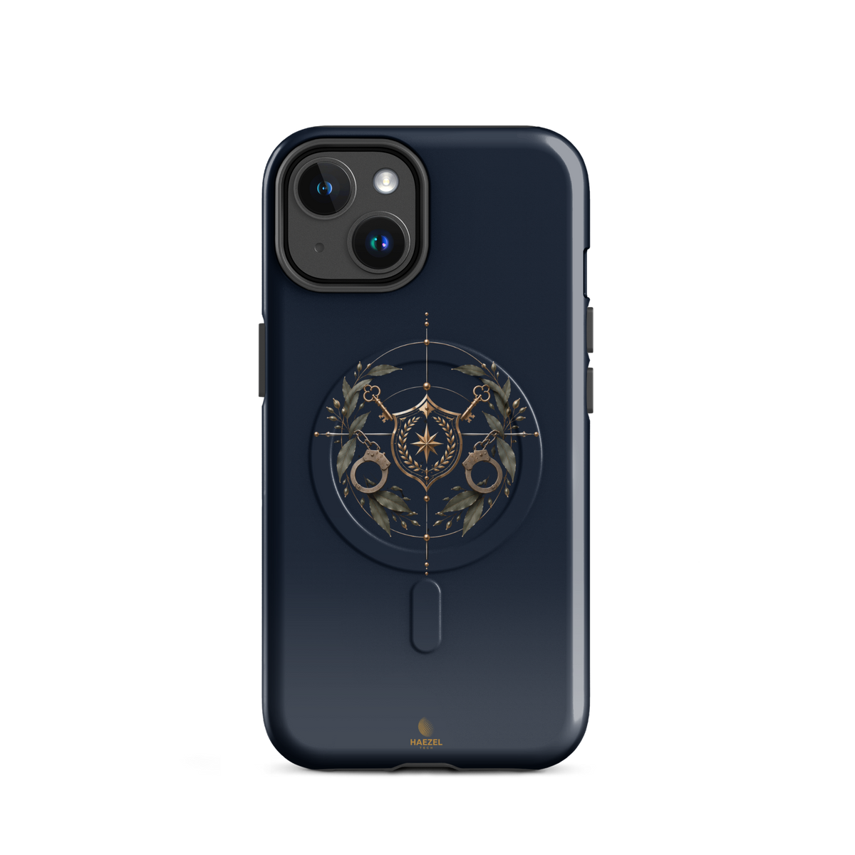 The Watch iPhone Case, gold shield with crossed keys and laurel wreath on navy. Haezel Tech Guardian Series, view 2
