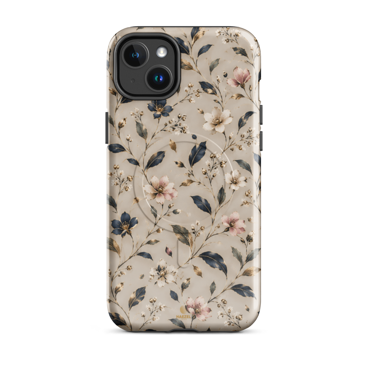 The Blossom iPhone Case by Haezel Tech — delicate pink and white blossom on ivory with navy leaves