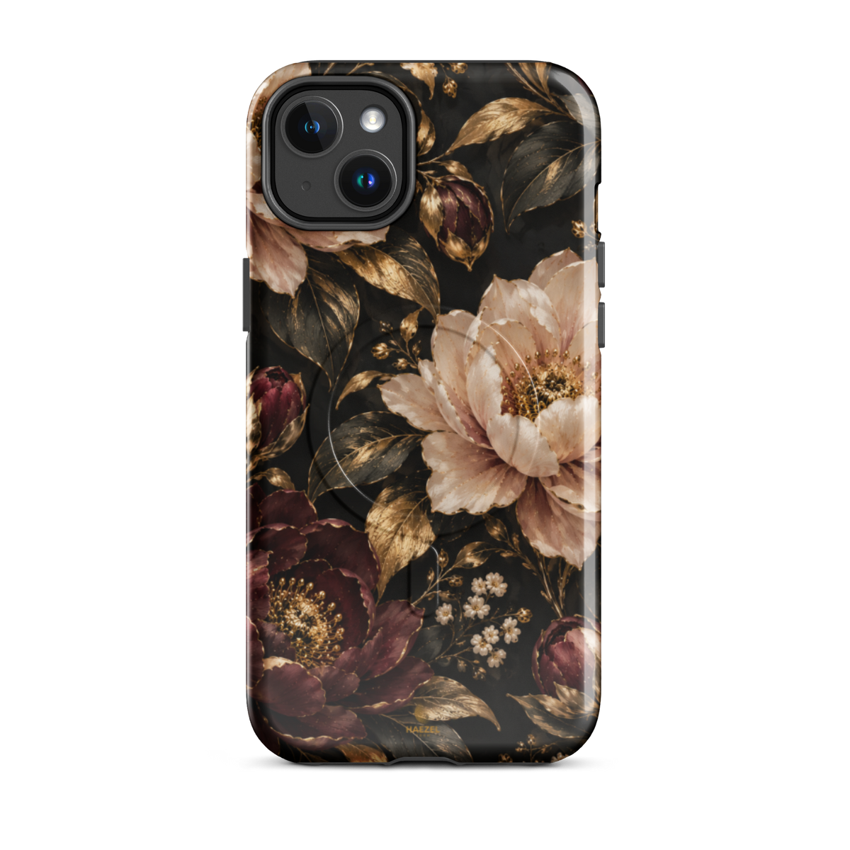 The Peony iPhone Case by Haezel Tech — blush and burgundy peonies with gold foliage on black