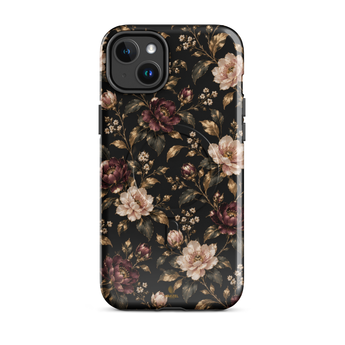The Rosewood iPhone Case by Haezel Tech — dusky rose and burgundy florals with gold leaves on black