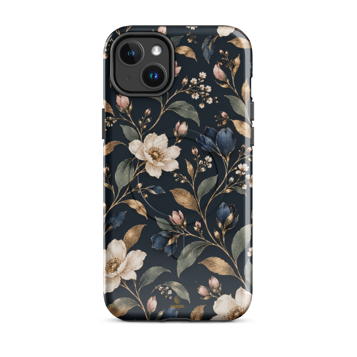 The Camellia iPhone Case by Haezel Tech — ivory camellias and gold leaves on deep navy