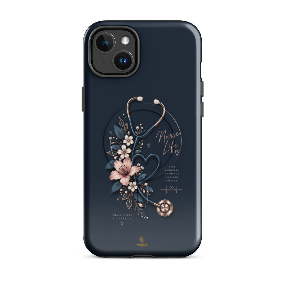 The Pledge iPhone case - rose-gold stethoscope, lilies and heartbeat on navy. Haezel Tech Healer Series.