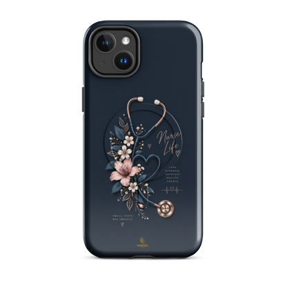 The Pledge iPhone Case, rose-gold stethoscope and lilies on navy. Haezel Tech Healer Series, view 3