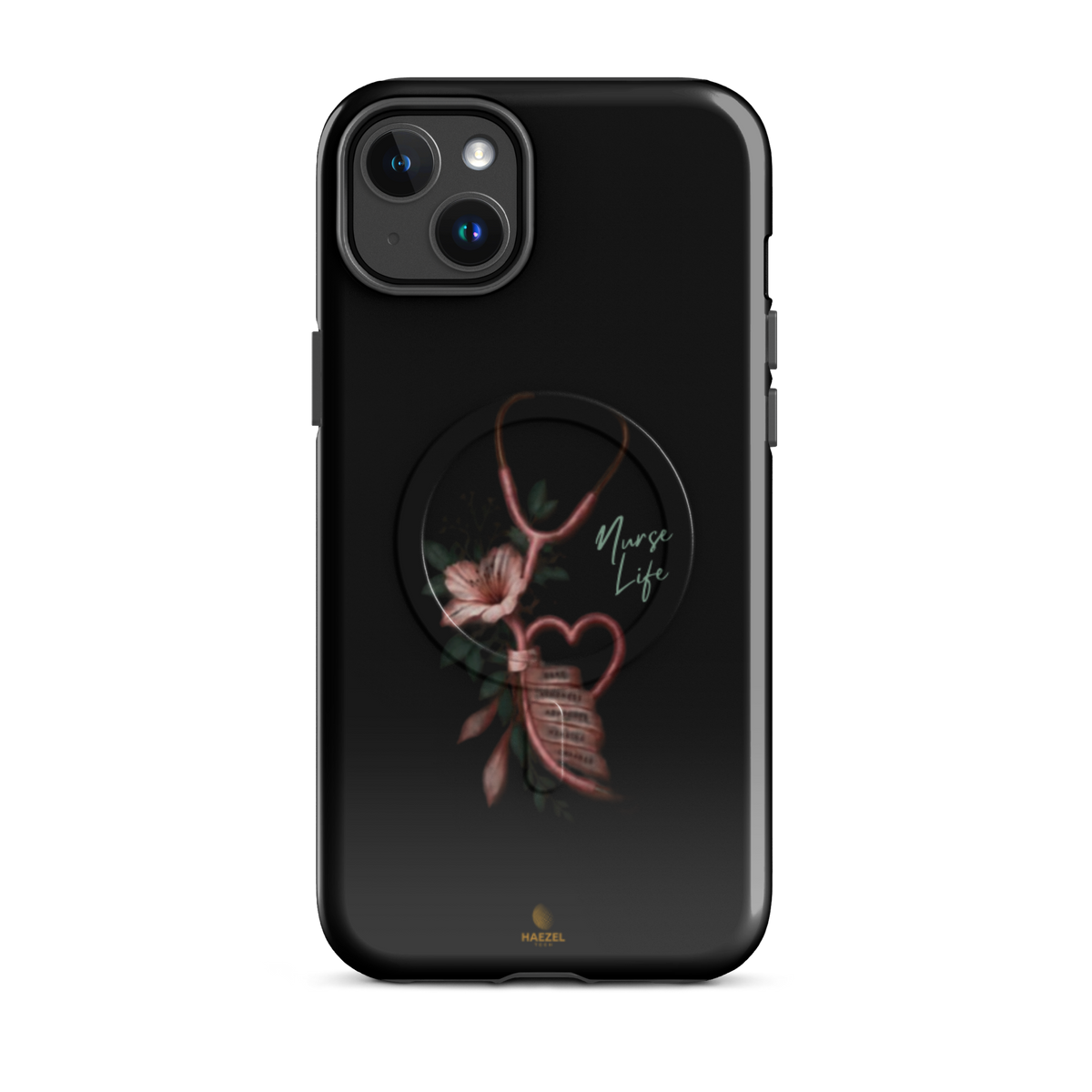 The Devotion Onyx iPhone case - rose stethoscope heart and lilies on black. Haezel Tech Healer Series.