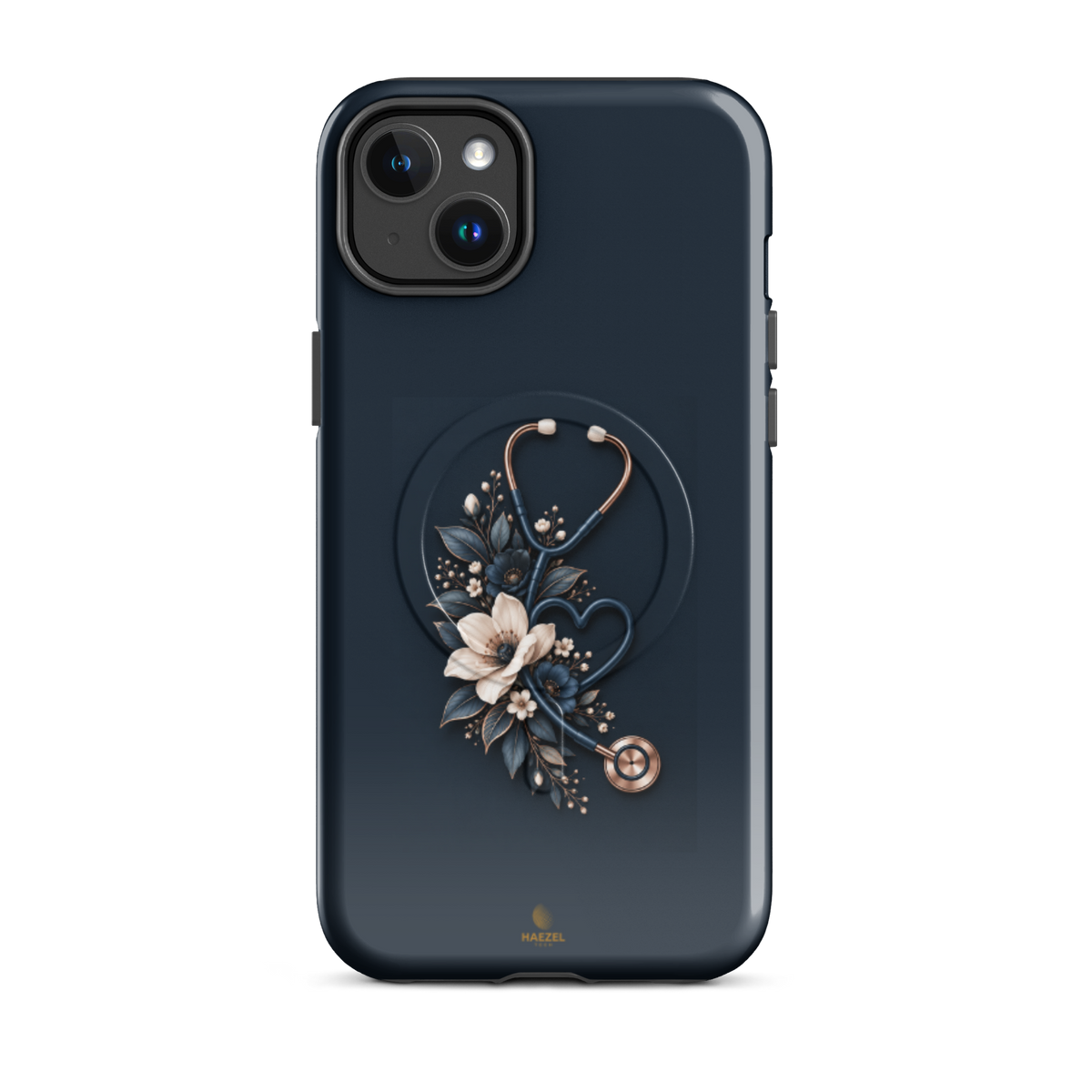 The Grace iPhone case - cream anemones and rose-gold stethoscope on navy. Haezel Tech Healer Series.