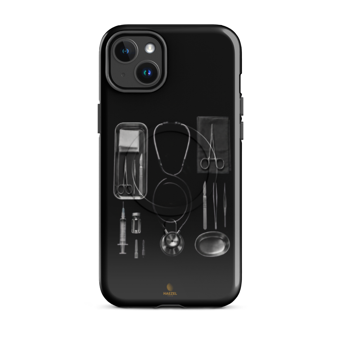 The Theatre iPhone case - silver surgical instrument tray on black. Haezel Tech Healer Series.