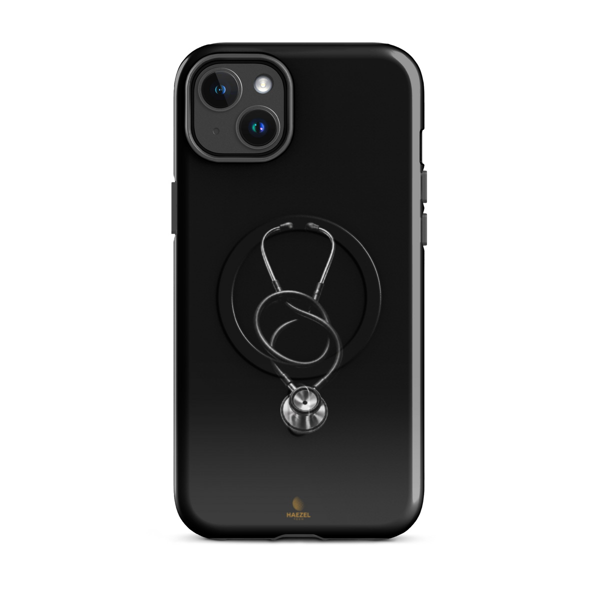 The Oath iPhone case - single silver stethoscope on black. Haezel Tech Healer Series.