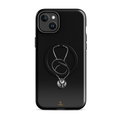 The Oath iPhone Case, single silver stethoscope on black. Haezel Tech Healer Series, view 3