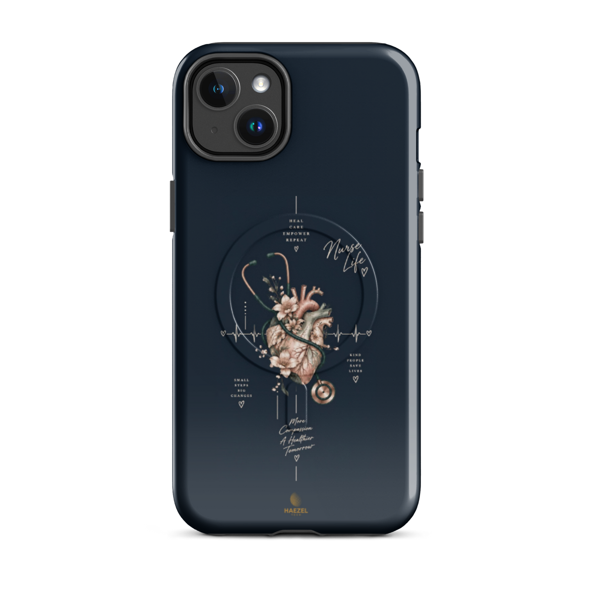 The Pulse iPhone case - anatomical heart in bloom with ECG line on navy. Haezel Tech Healer Series.