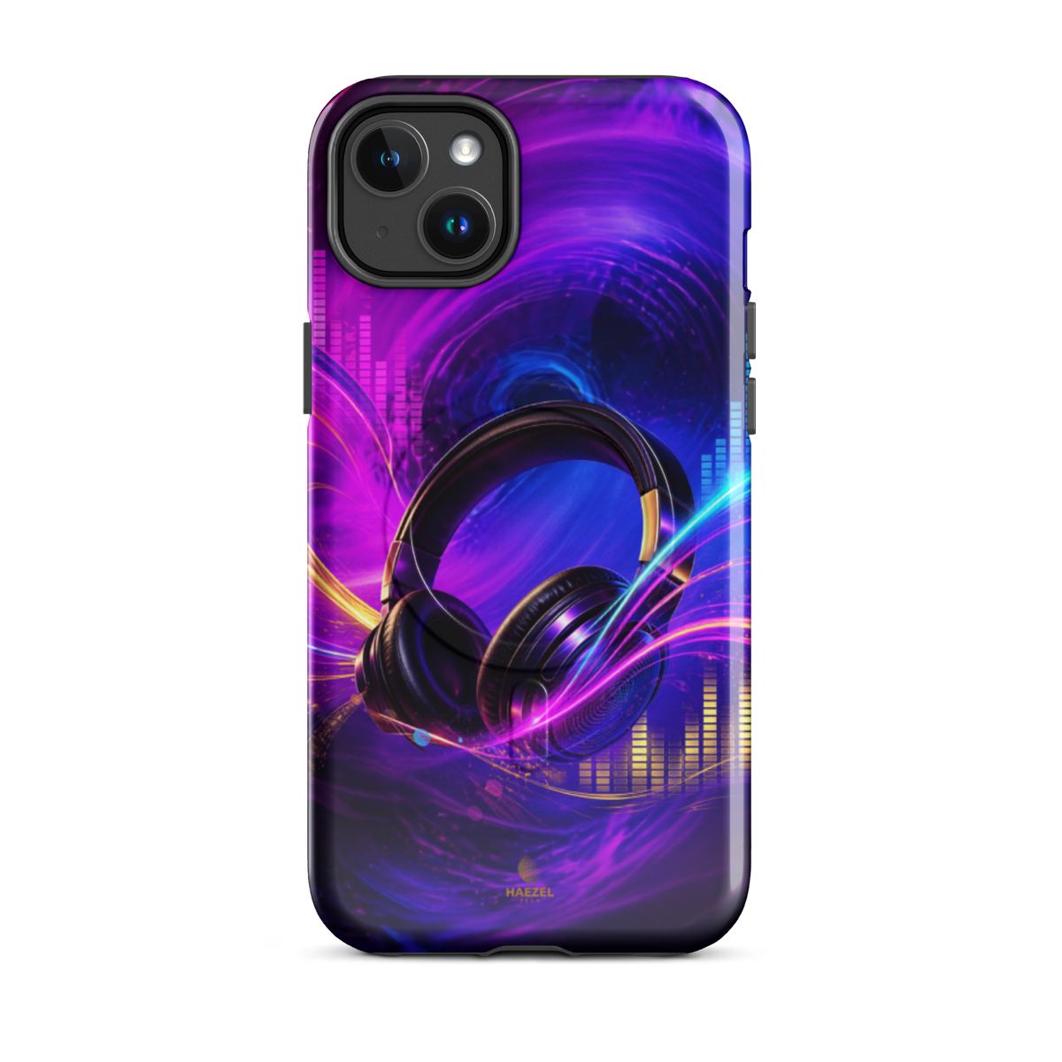 The Frequency iPhone Case, studio headphones on a neon equaliser swirl. Haezel Tech Rhythm Series, view 3