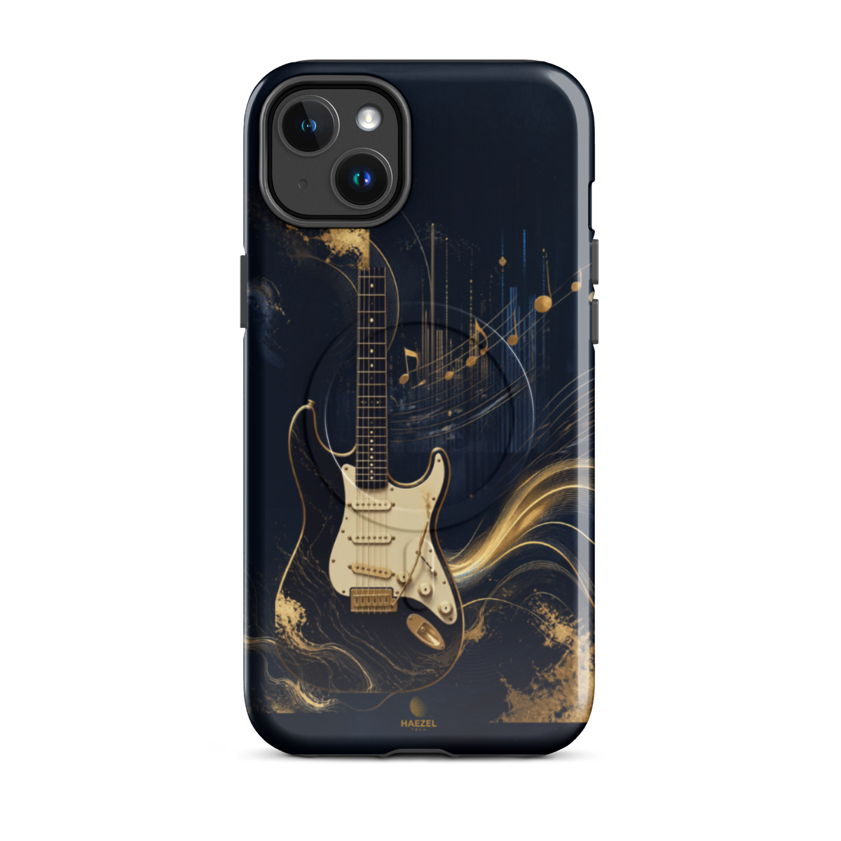 The Headliner iPhone Case, cream and gold electric guitar on navy. Haezel Tech Rhythm Series, view 3