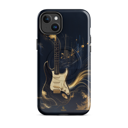 The Headliner iPhone Case, cream and gold electric guitar on navy. Haezel Tech Rhythm Series, view 3