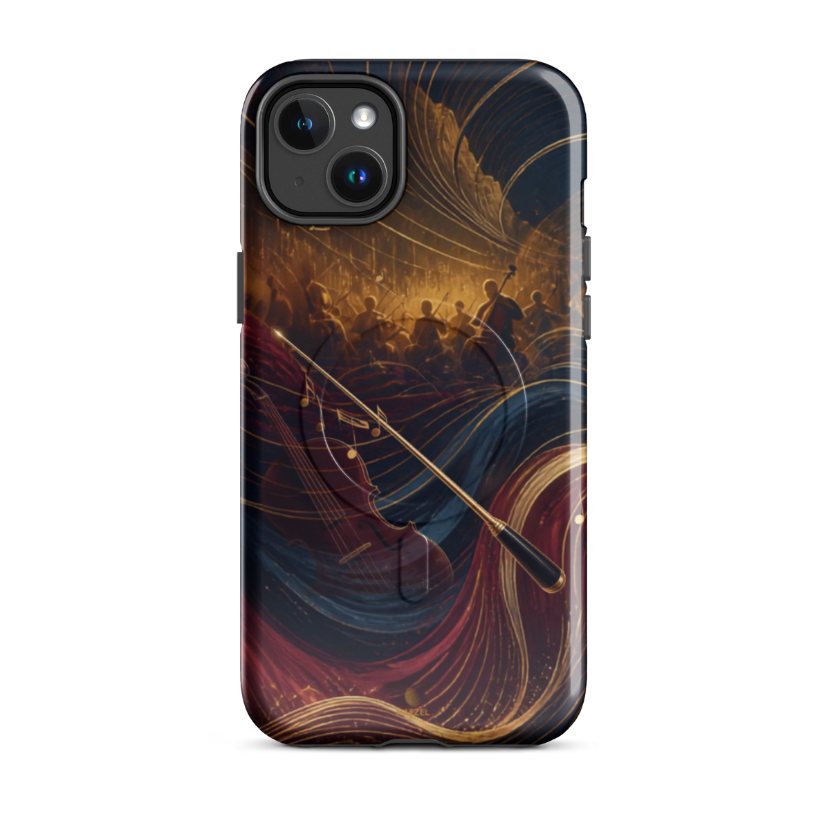 The Virtuoso iPhone Case, gold-line violin and bow over orchestra silhouettes. Haezel Tech Rhythm Series, view 3