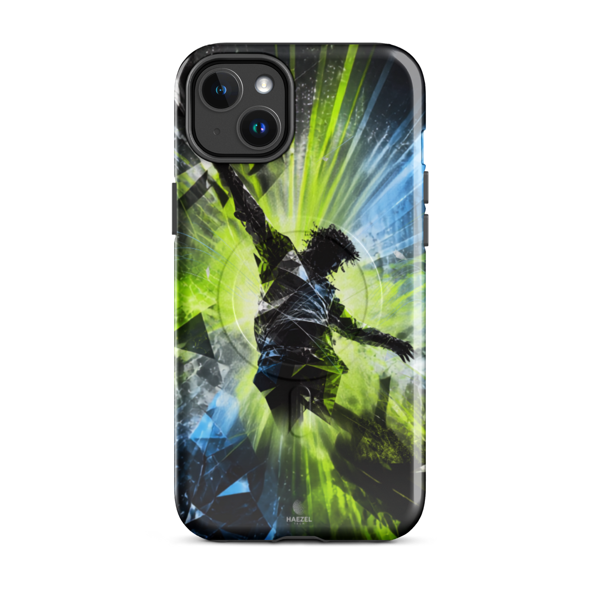 The Kinetic iPhone Case, lime dancer silhouette breaking into geometric shards. Haezel Tech Rhythm Series, view 3