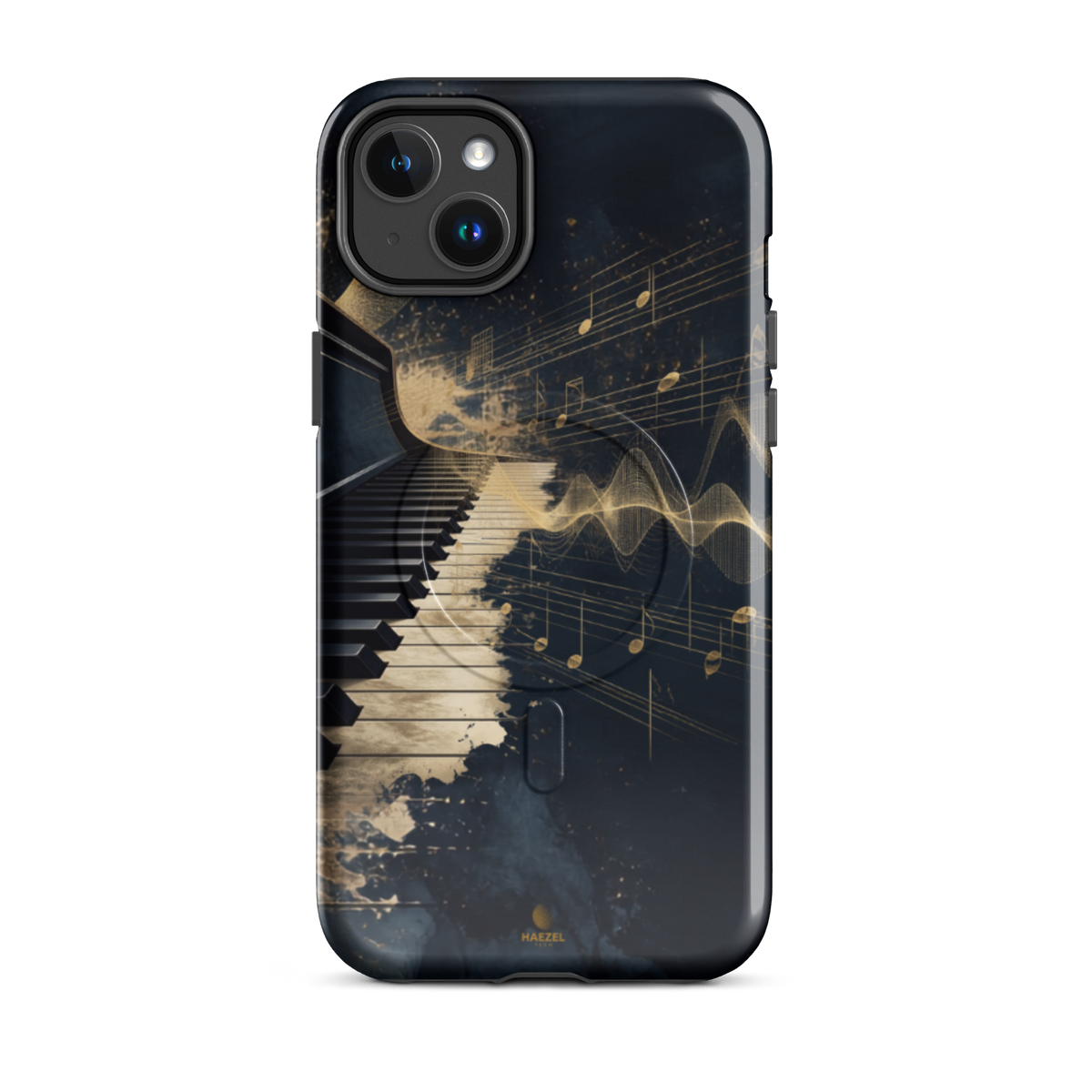 The Nocturne iPhone Case, piano keys and gold music notation on midnight navy. Haezel Tech Rhythm Series, view 3