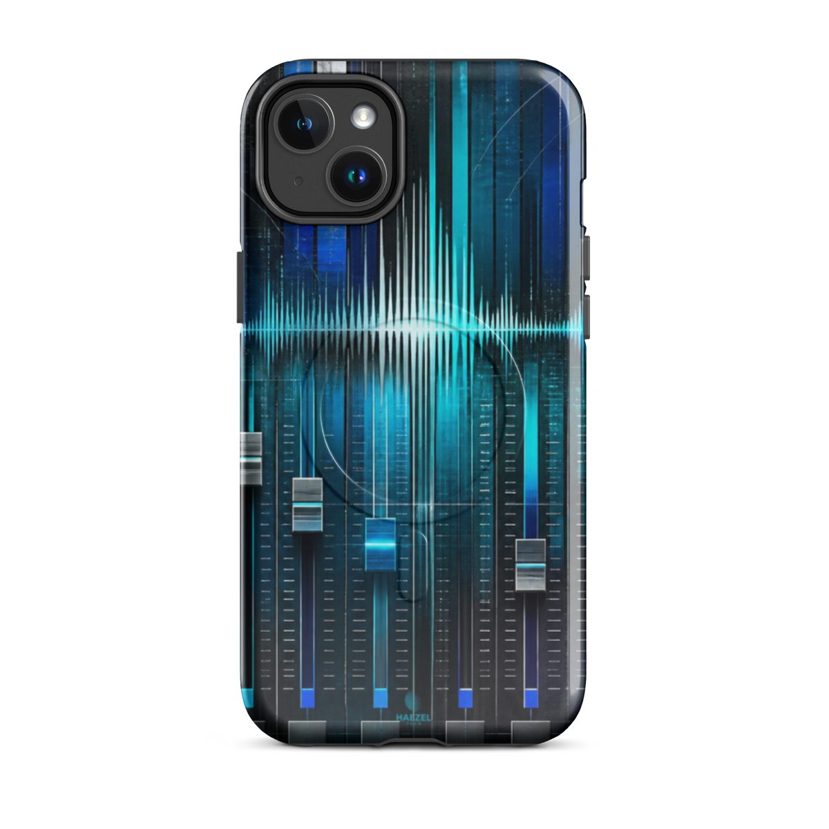 The Mixdown iPhone Case, cyan mixing desk faders and waveform peaks. Haezel Tech Rhythm Series, view 3