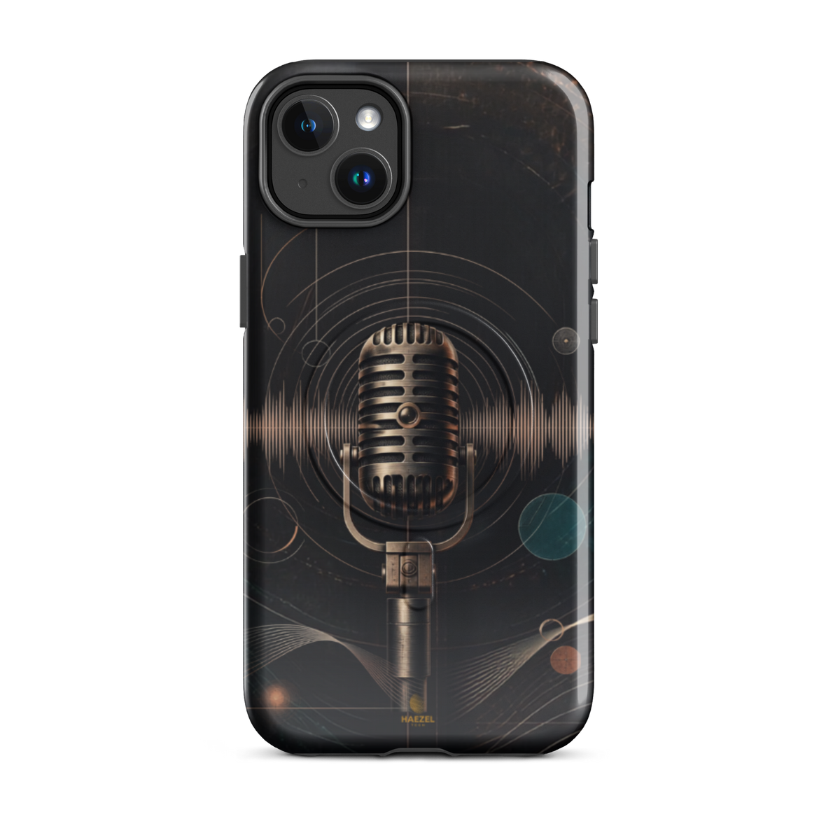 The Broadcast iPhone Case, bronze vintage microphone ringed by soundwaves. Haezel Tech Rhythm Series, view 3