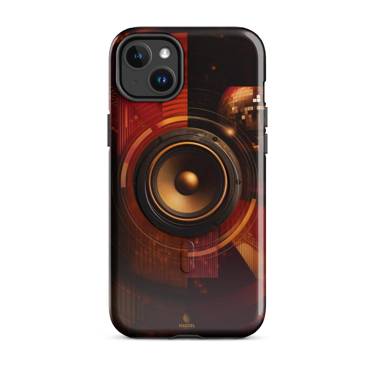 The Bassline iPhone Case, gold speaker cone split across red and black. Haezel Tech Rhythm Series, view 3