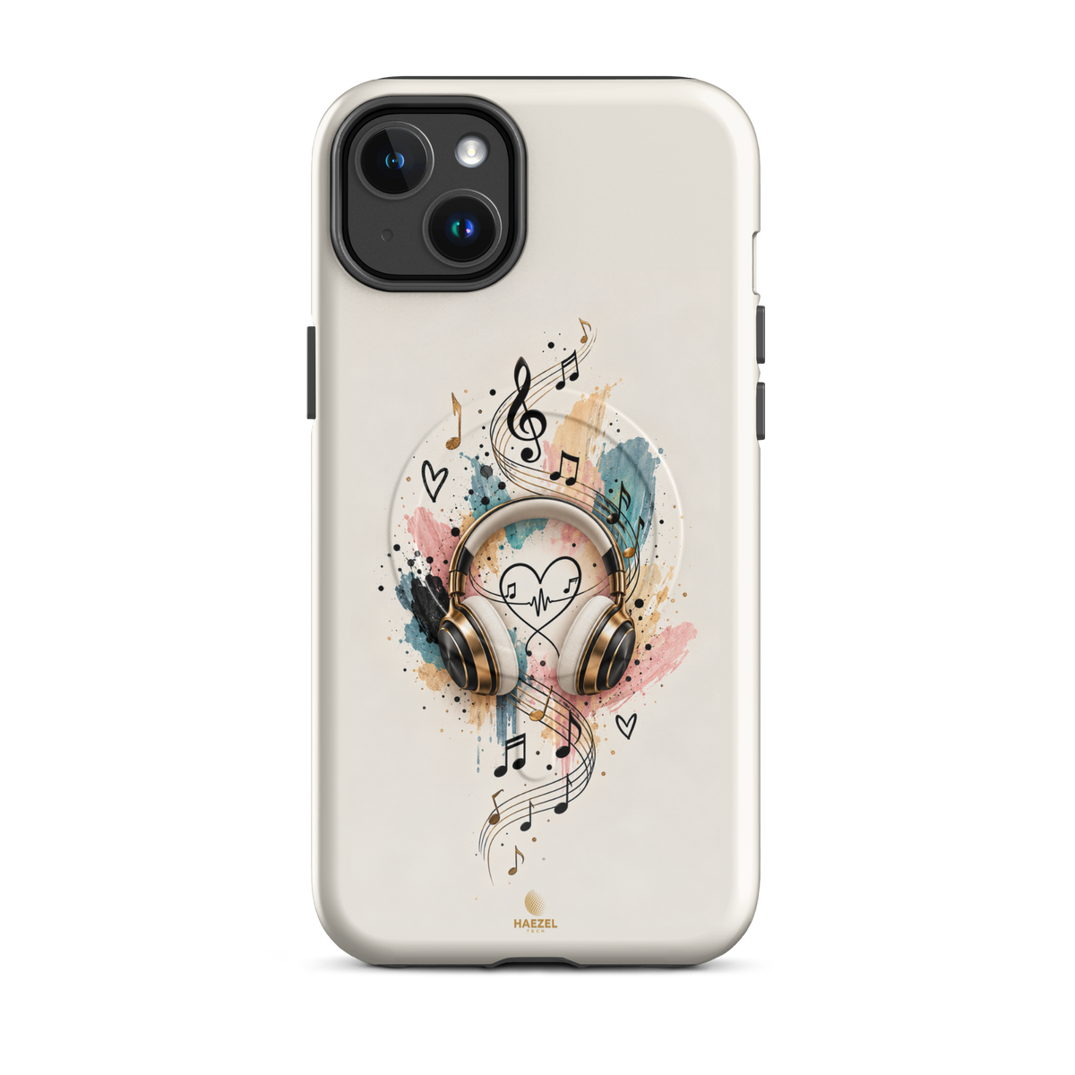 The Serenade Ivory iPhone Case, gold headphones and heartbeat in watercolour on ivory. Haezel Tech Rhythm Series, view 3