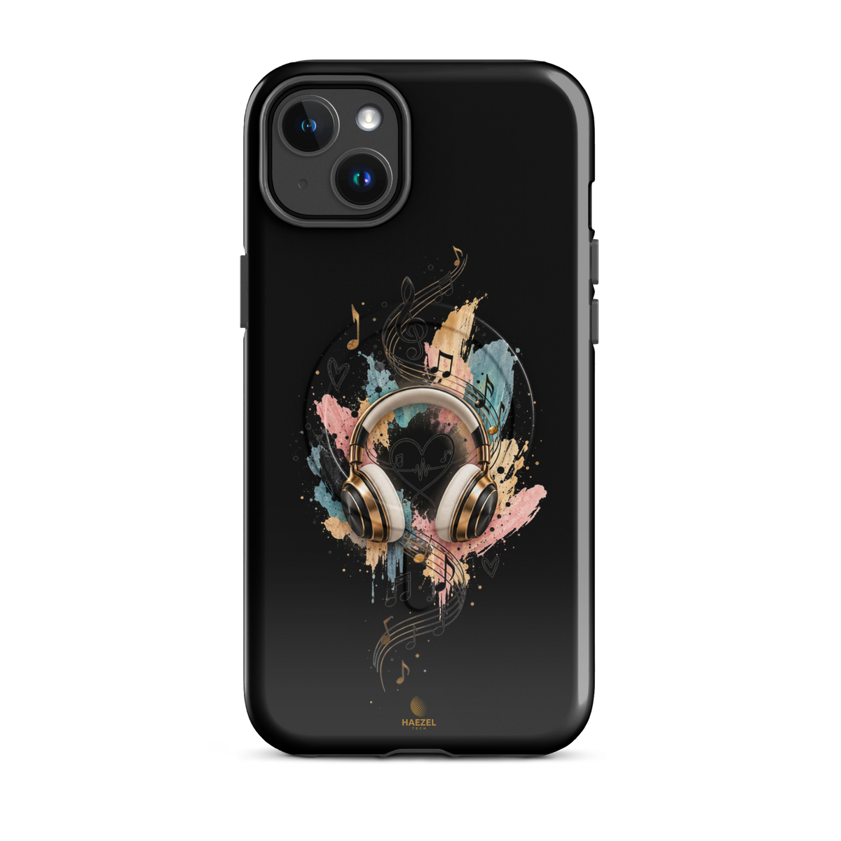 The Serenade Onyx iPhone Case, gold headphones and heartbeat in watercolour on black. Haezel Tech Rhythm Series, view 3