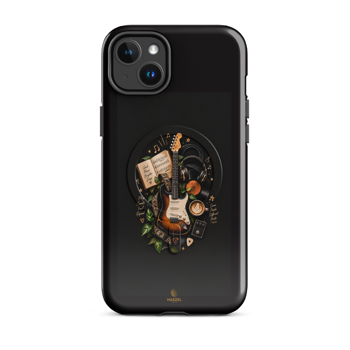 The Songbook iPhone Case, sunburst guitar and open songbook on black. Haezel Tech Rhythm Series, view 3