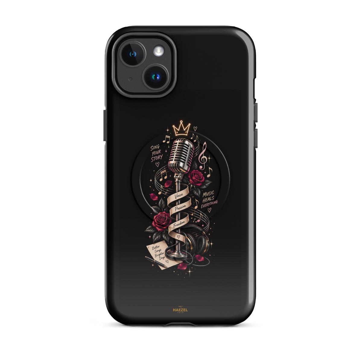 The Showstopper iPhone Case, crowned vintage microphone and red roses on black. Haezel Tech Rhythm Series, view 3