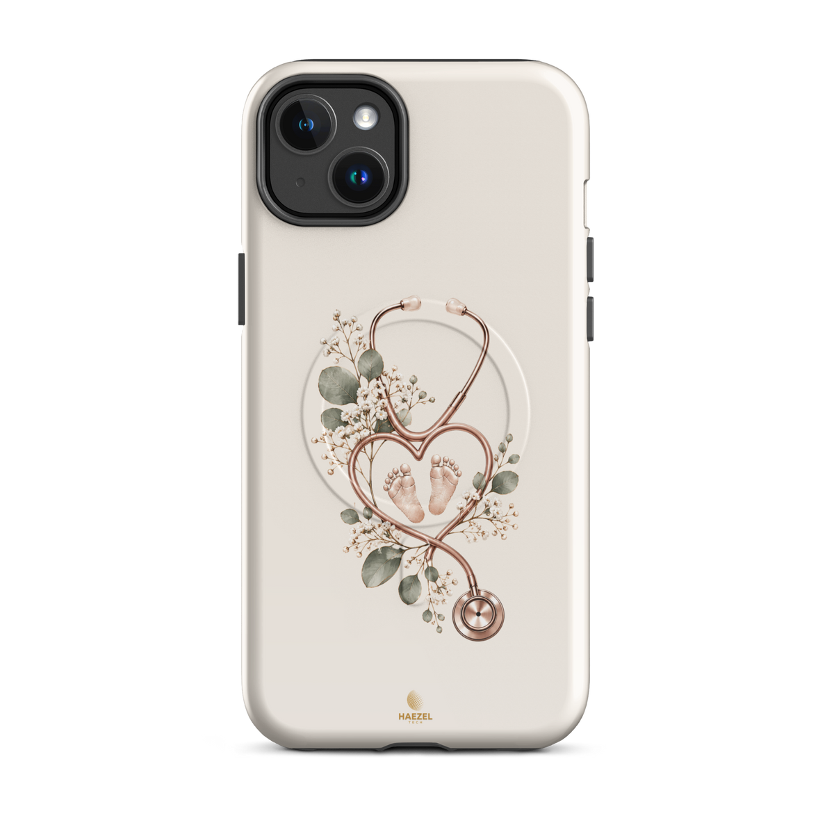 The Midwife Ivory iPhone Case, stethoscope heart with tiny baby feet on ivory. Haezel Tech Healer Series, view 3