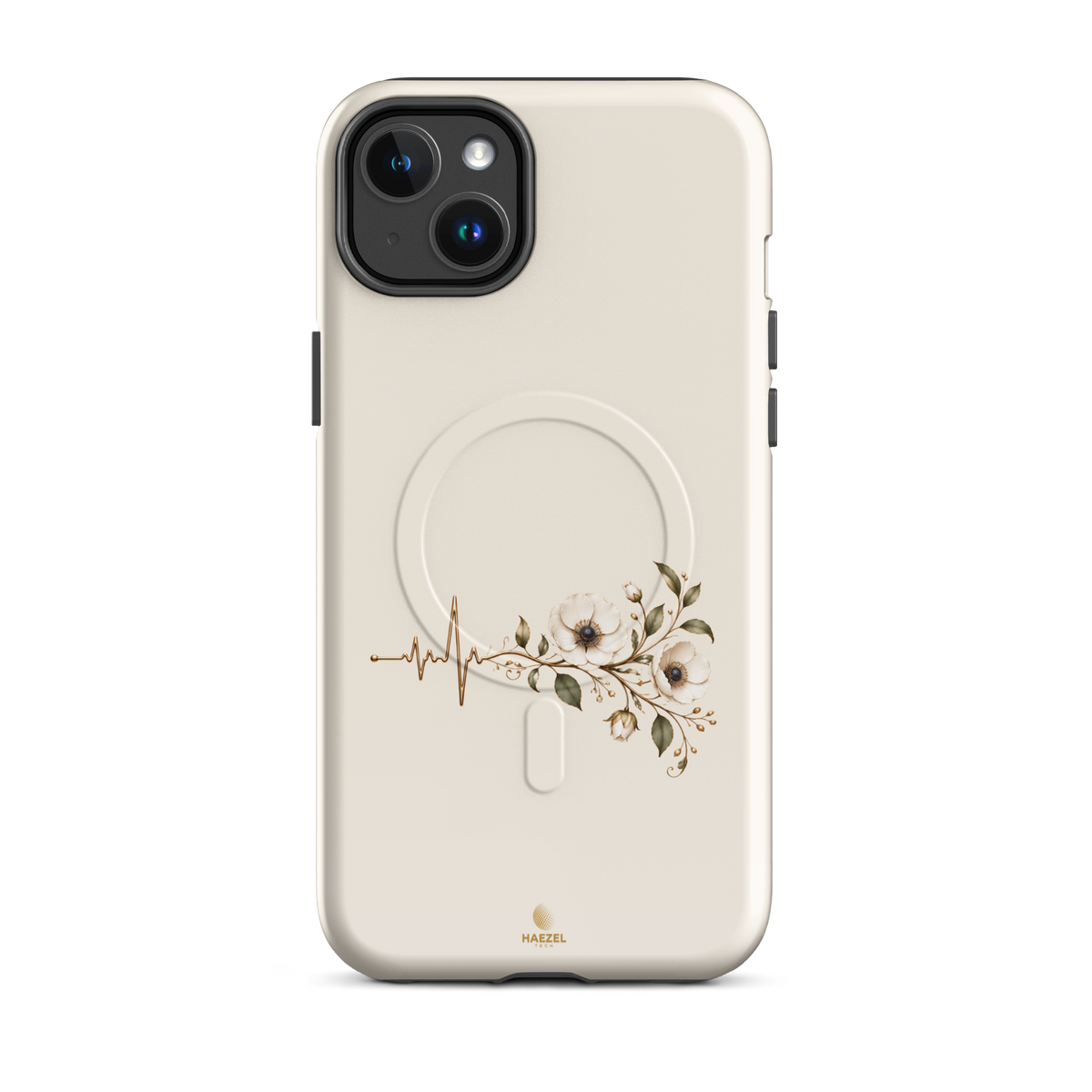 The Heartbeat iPhone Case, gold heartbeat line flowing into flowers on ivory. Haezel Tech Healer Series, view 3