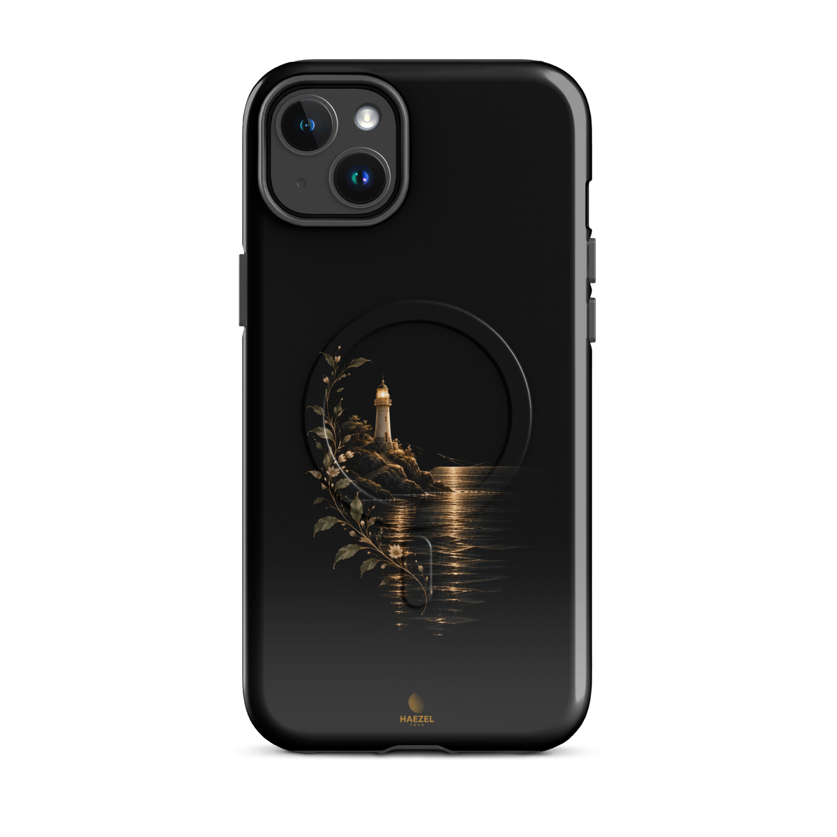 The Lighthouse iPhone Case, lighthouse glowing over still water with gold flowers on black. Haezel Tech Healer Series, view 3