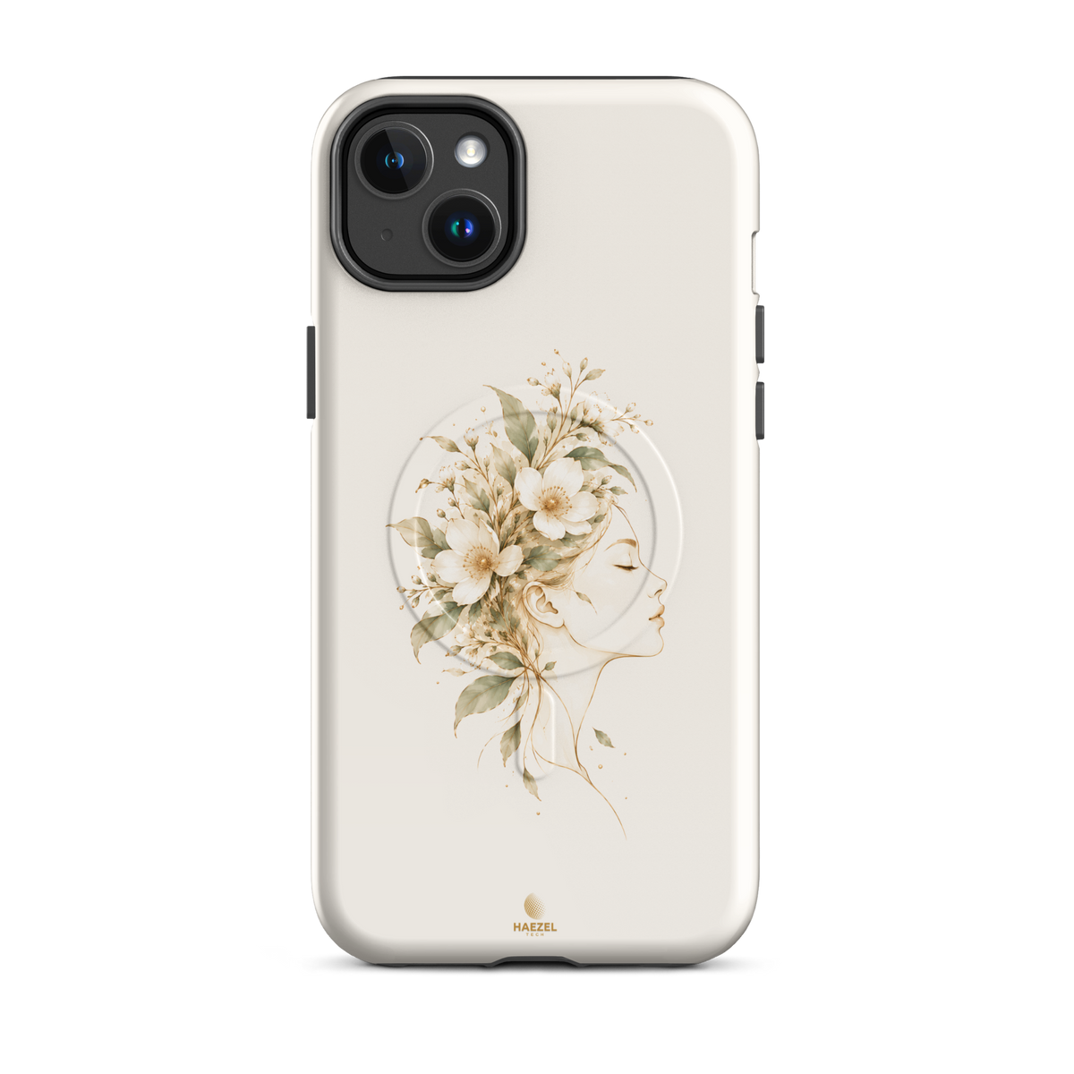 The Blooming Mind Ivory iPhone Case, woman's profile with flowers blooming from her mind on ivory. Haezel Tech Healer Series, view 3