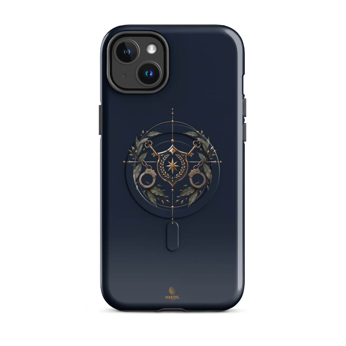 The Watch iPhone Case, gold shield with crossed keys and laurel wreath on navy. Haezel Tech Guardian Series, view 3