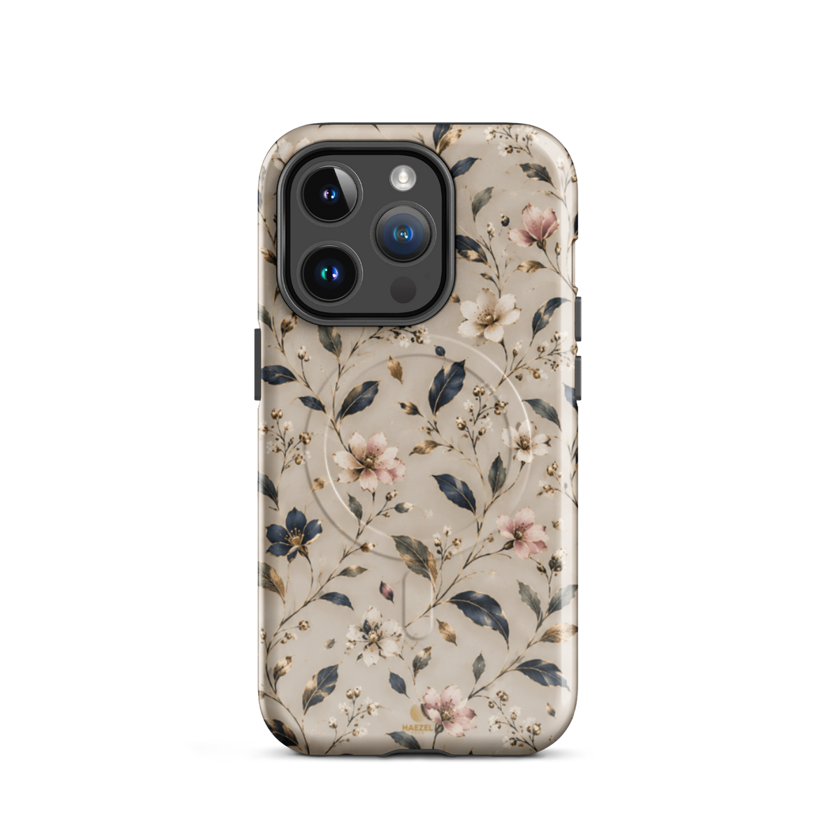 The Blossom iPhone Case by Haezel Tech — delicate pink and white blossom on ivory with navy leaves