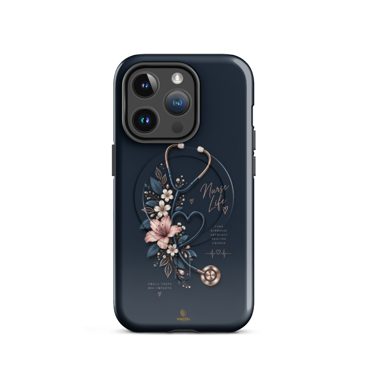 The Pledge iPhone case - rose-gold stethoscope, lilies and heartbeat on navy. Haezel Tech Healer Series.