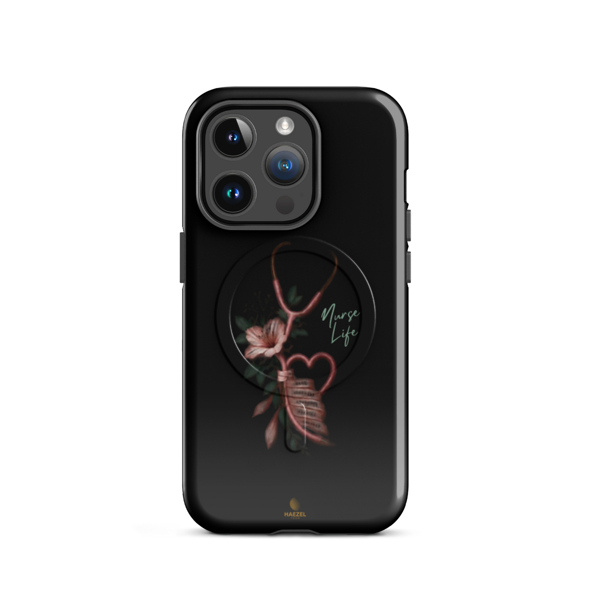 The Devotion Onyx iPhone case - rose stethoscope heart and lilies on black. Haezel Tech Healer Series.