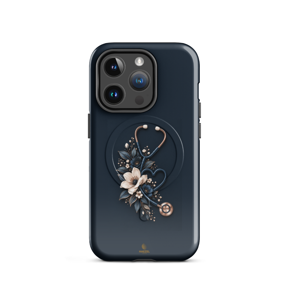 The Grace iPhone case - cream anemones and rose-gold stethoscope on navy. Haezel Tech Healer Series.