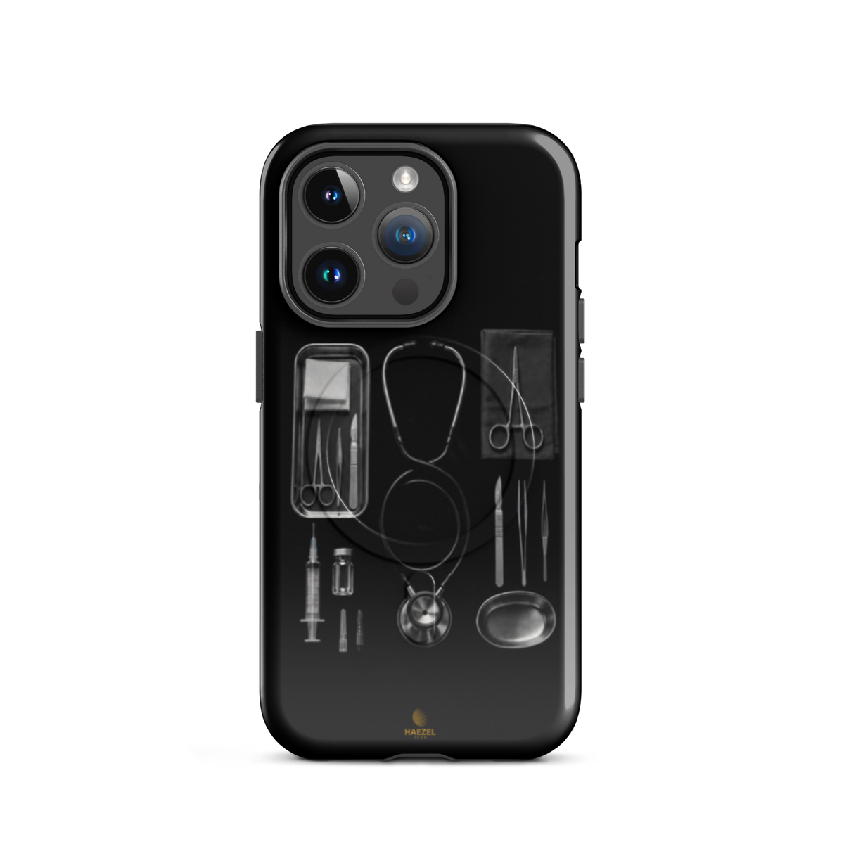 The Theatre iPhone case - silver surgical instrument tray on black. Haezel Tech Healer Series.