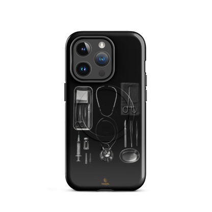 The Theatre iPhone Case, silver surgical instrument tray on black. Haezel Tech Healer Series, view 4