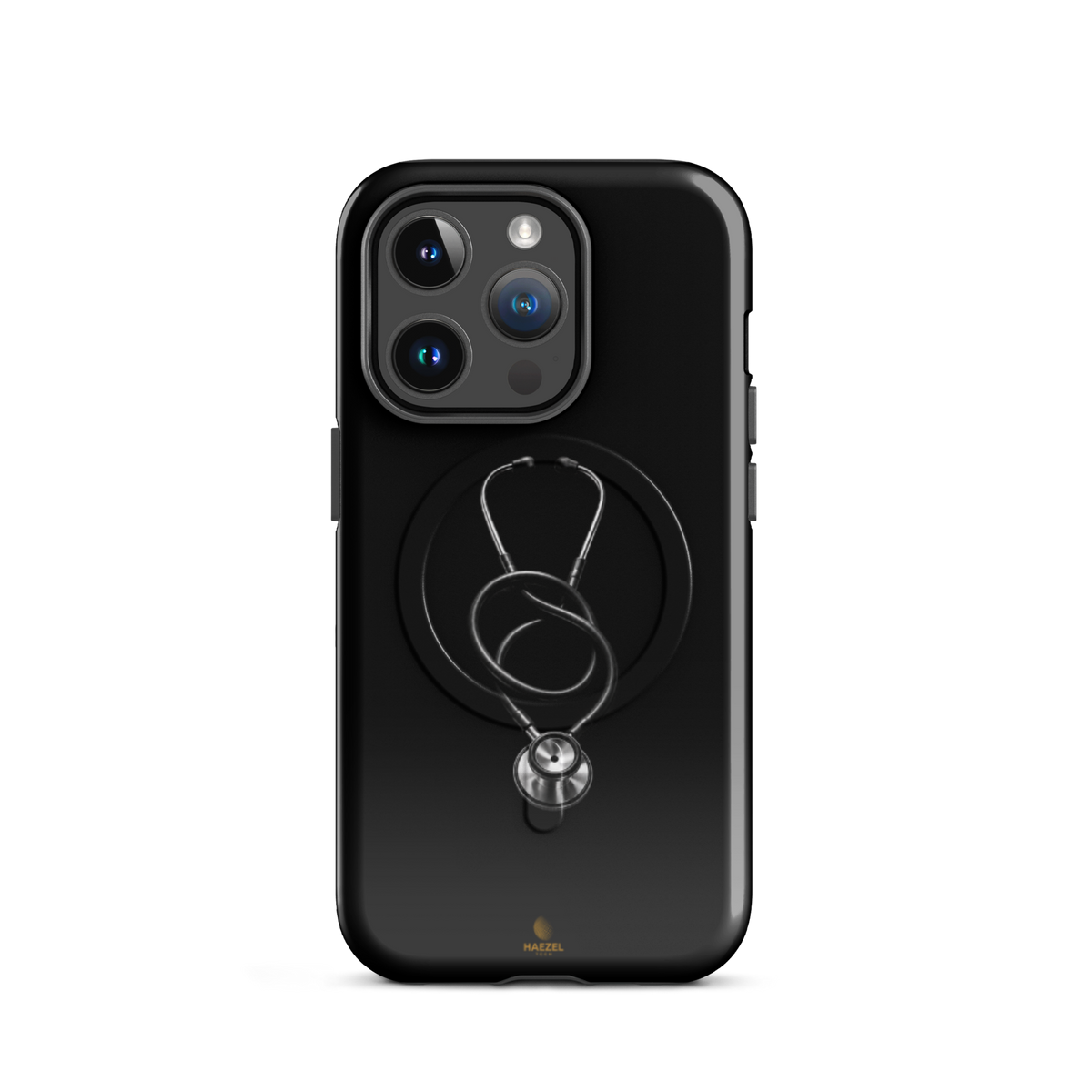 The Oath iPhone case - single silver stethoscope on black. Haezel Tech Healer Series.