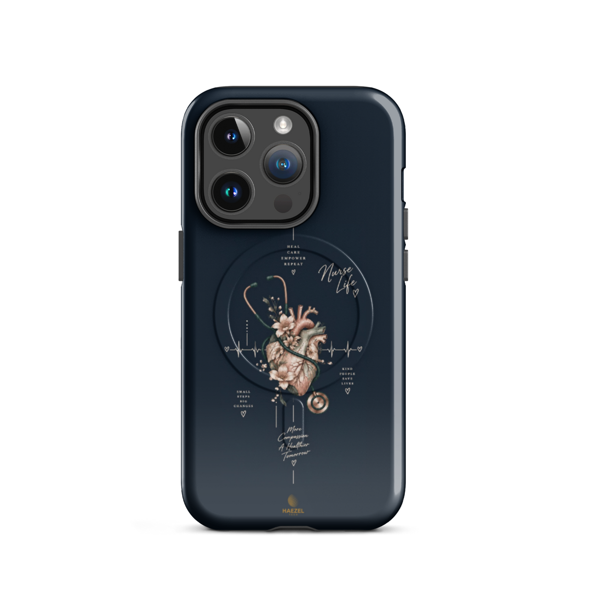 The Pulse iPhone case - anatomical heart in bloom with ECG line on navy. Haezel Tech Healer Series.