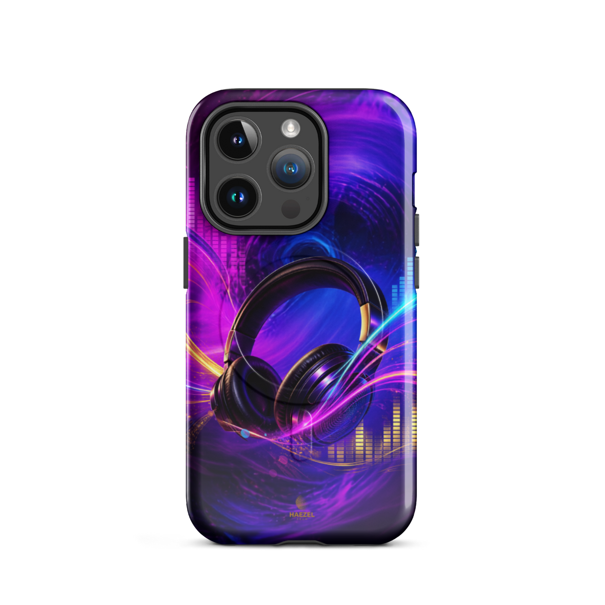 The Frequency iPhone Case, studio headphones on a neon equaliser swirl. Haezel Tech Rhythm Series, view 4